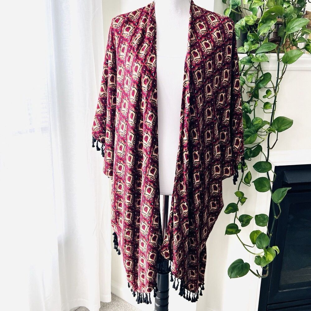Clearance🎉Glamorous Burgundy Red Boho Fringed Kimono Wrap Blouse XS/S